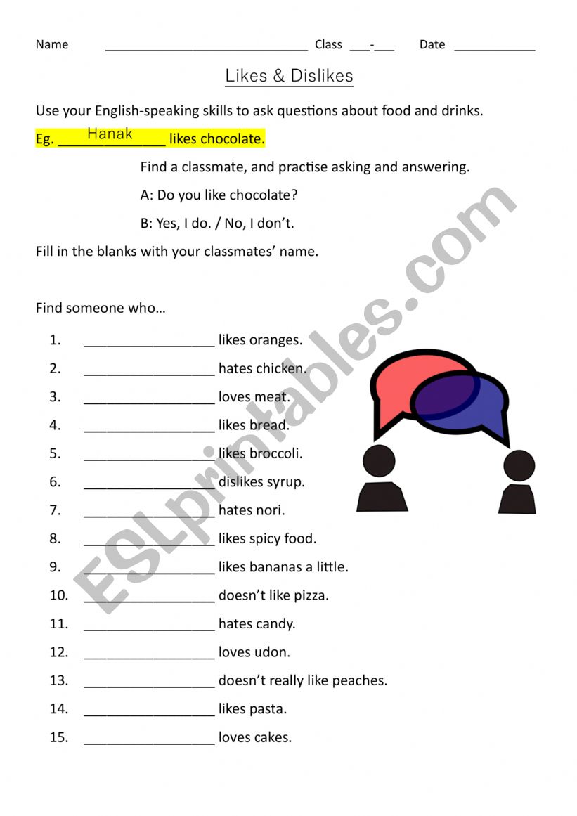 Likes and Dislikes speaking activity 