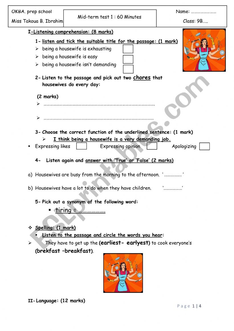 mid term test1 9th form worksheet