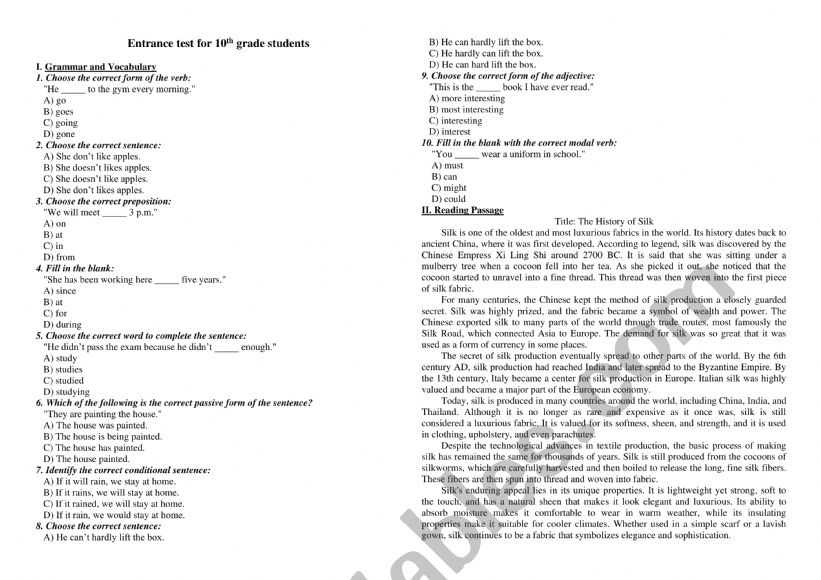 Entrance test for 10th grade students