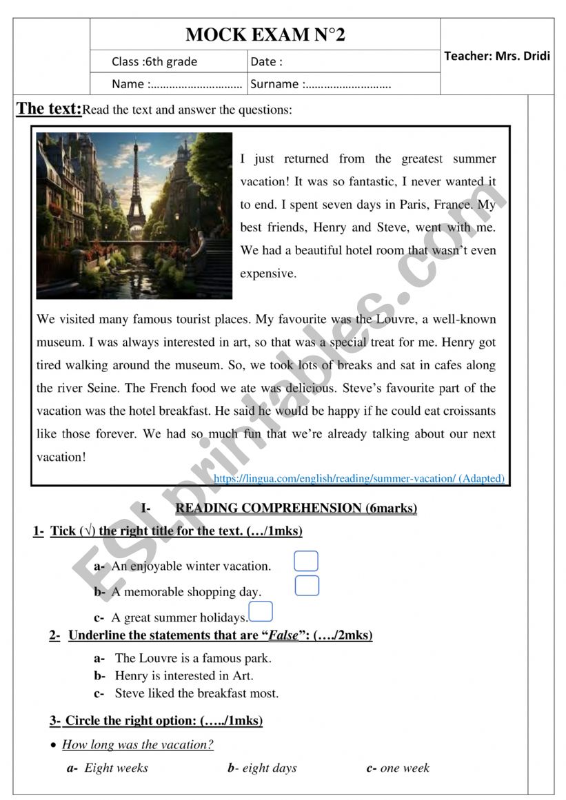 Mock exam 6th grade worksheet