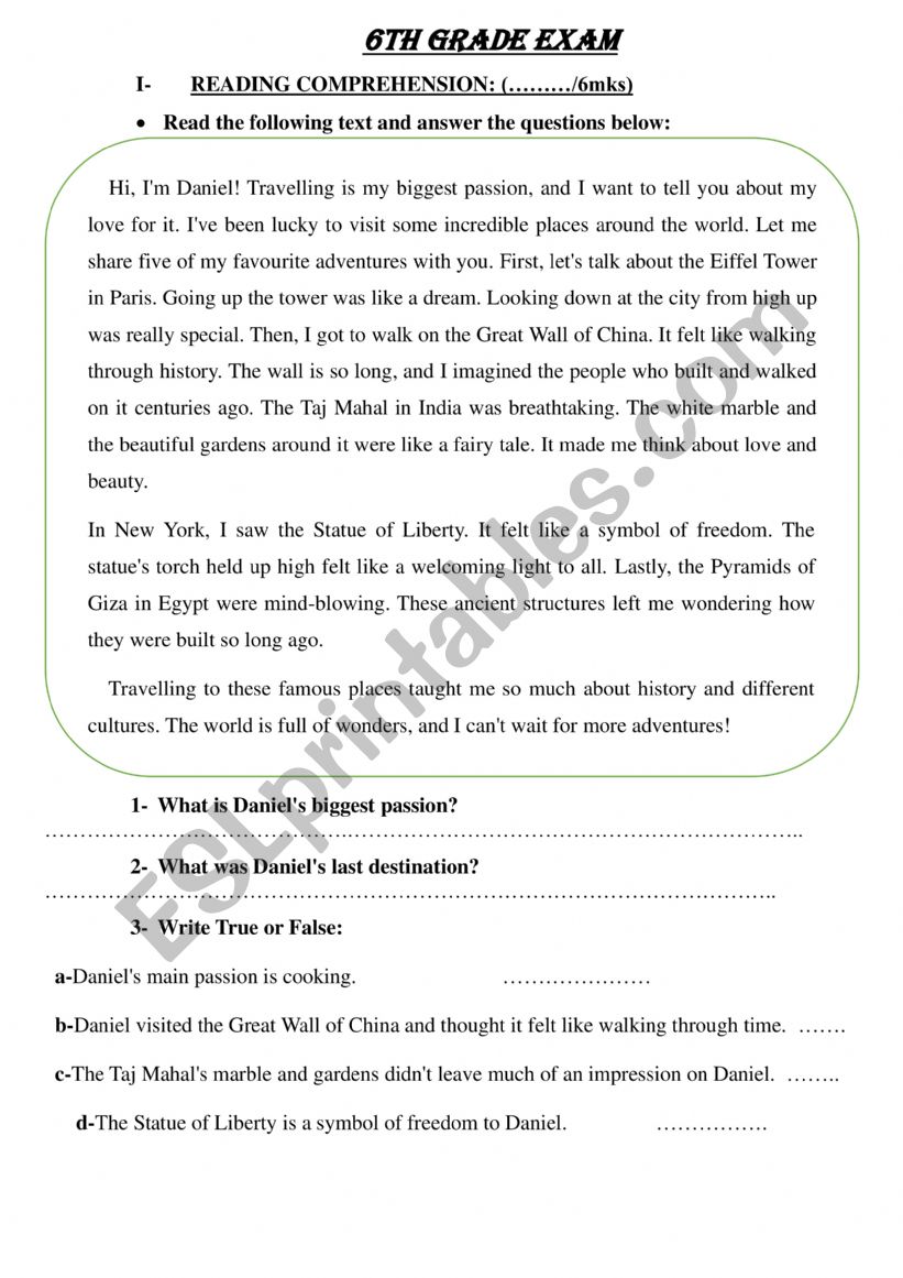 6th grade test 3 worksheet