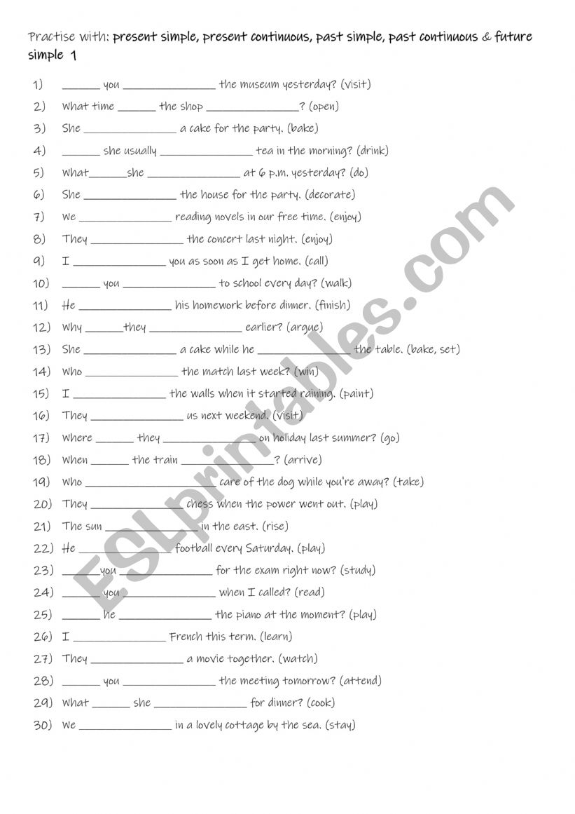 A1-A2 Practise with present simple, present continuous, past simple, past continuous & future simple 1