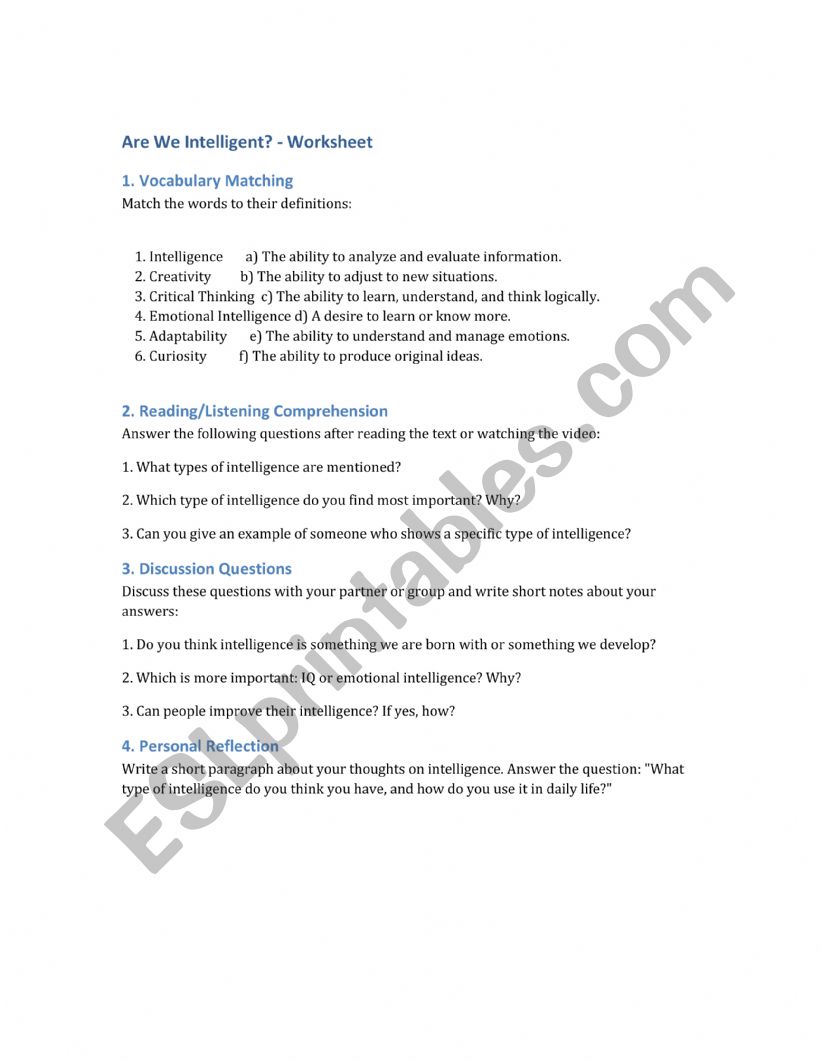 Are We Intelligent? - Worksheet
