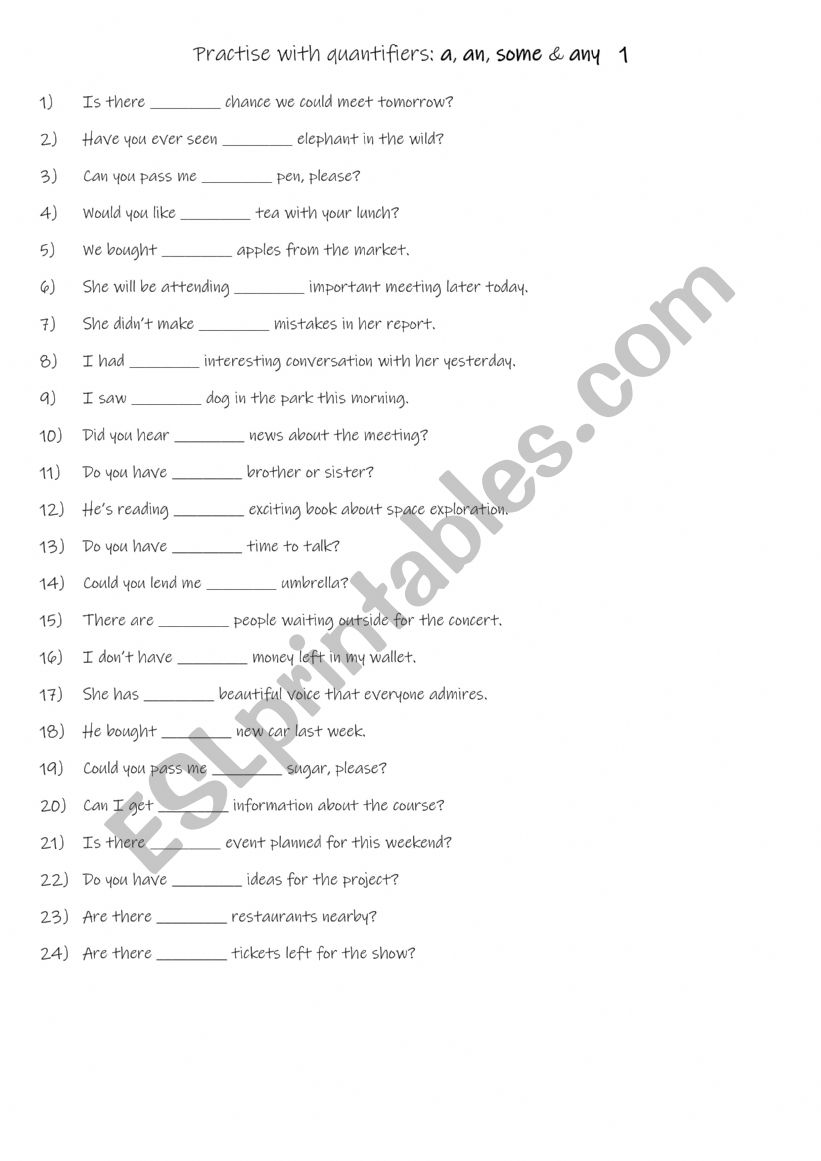 A1-A2 Practise with quantifiers a , an , some & any 1