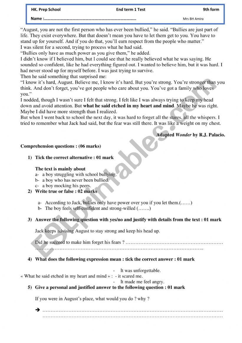 end term 1 test 9th form  worksheet