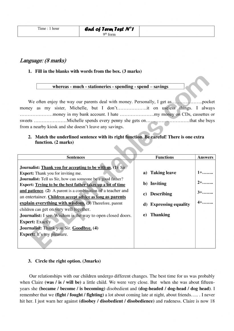 End of term 1  for 9  th  year basic Eucation 