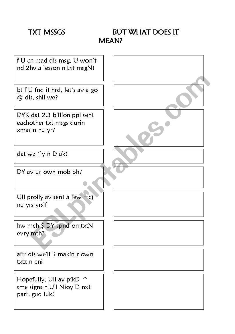 TXT MSSGING - TEXT MESSAGING worksheet