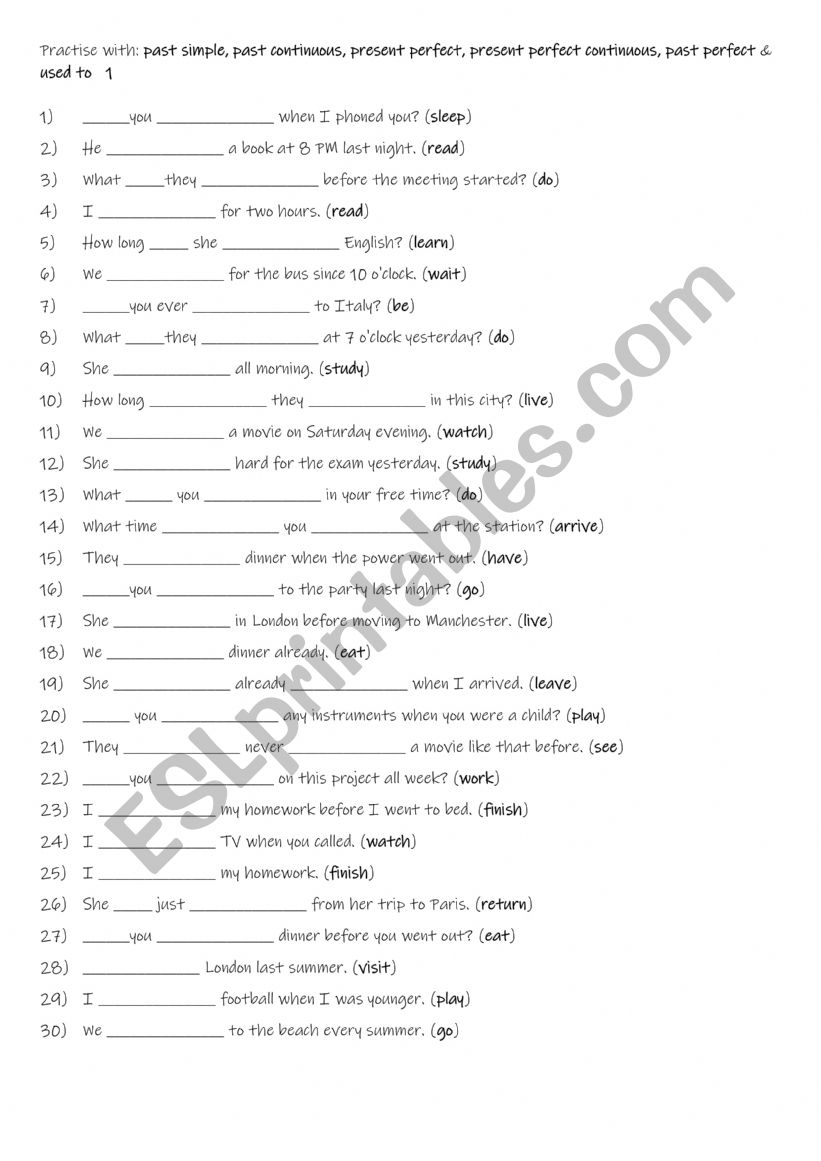A2+-B1 Practise with past simple, past continuous, present perfect, present perfect continuous, past perfect & used to   1