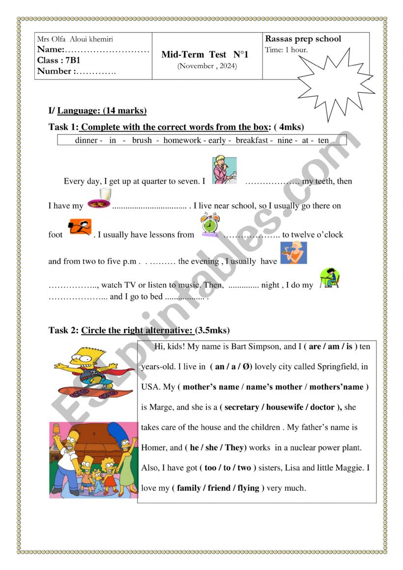 MID TERM TEST1 7 th form worksheet