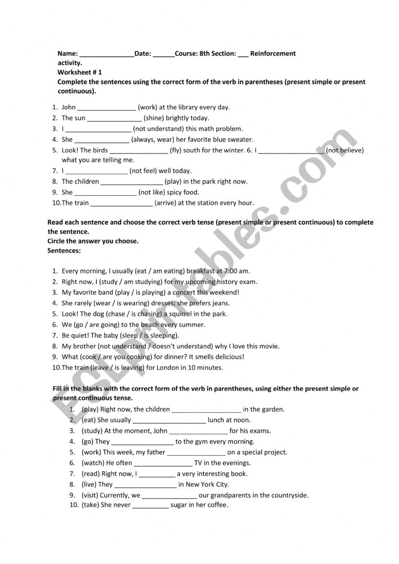 Present Simple vs Continuous worksheet