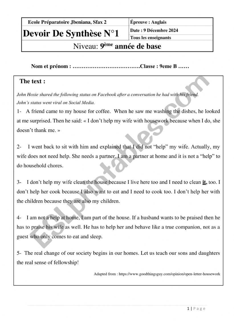 9th form full term test 1  2024 /2025