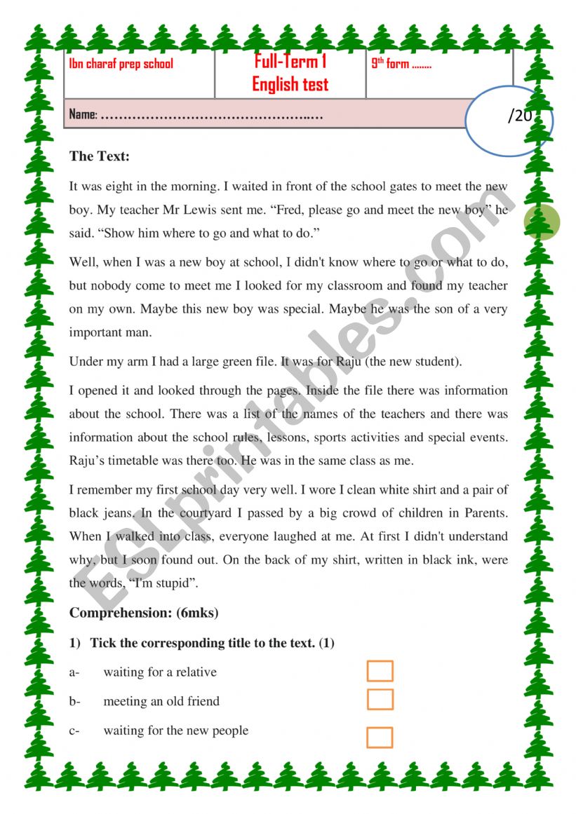 end term one test worksheet
