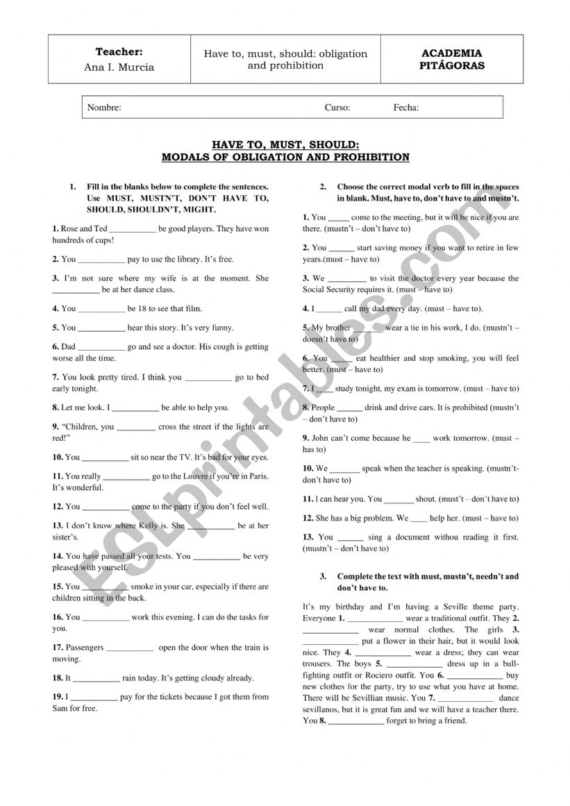 HAVE TO AND MUST: MODALS worksheet
