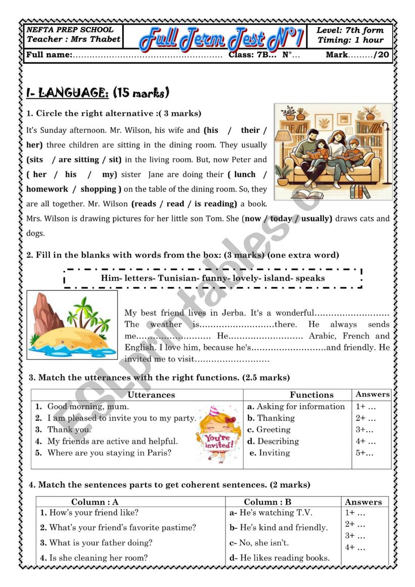 Full term test 1 7th form 2024-2025