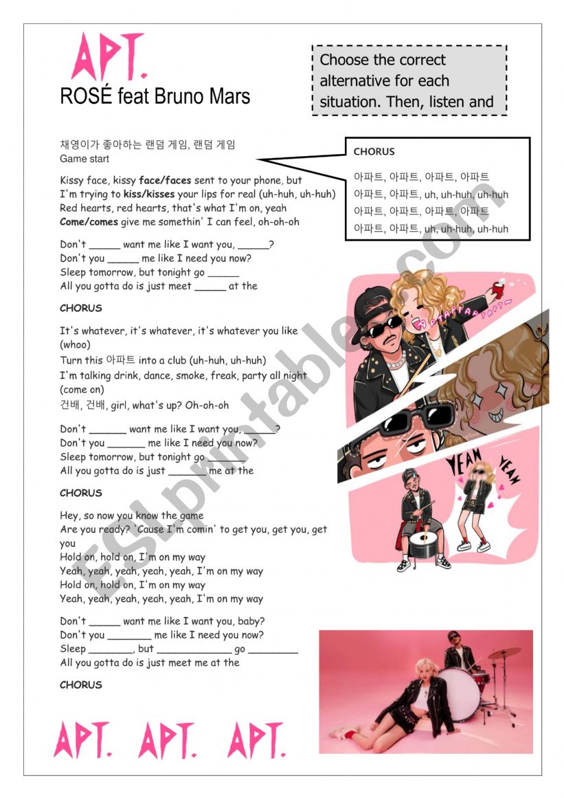 APT Rose Bruno Mars activity worksheet