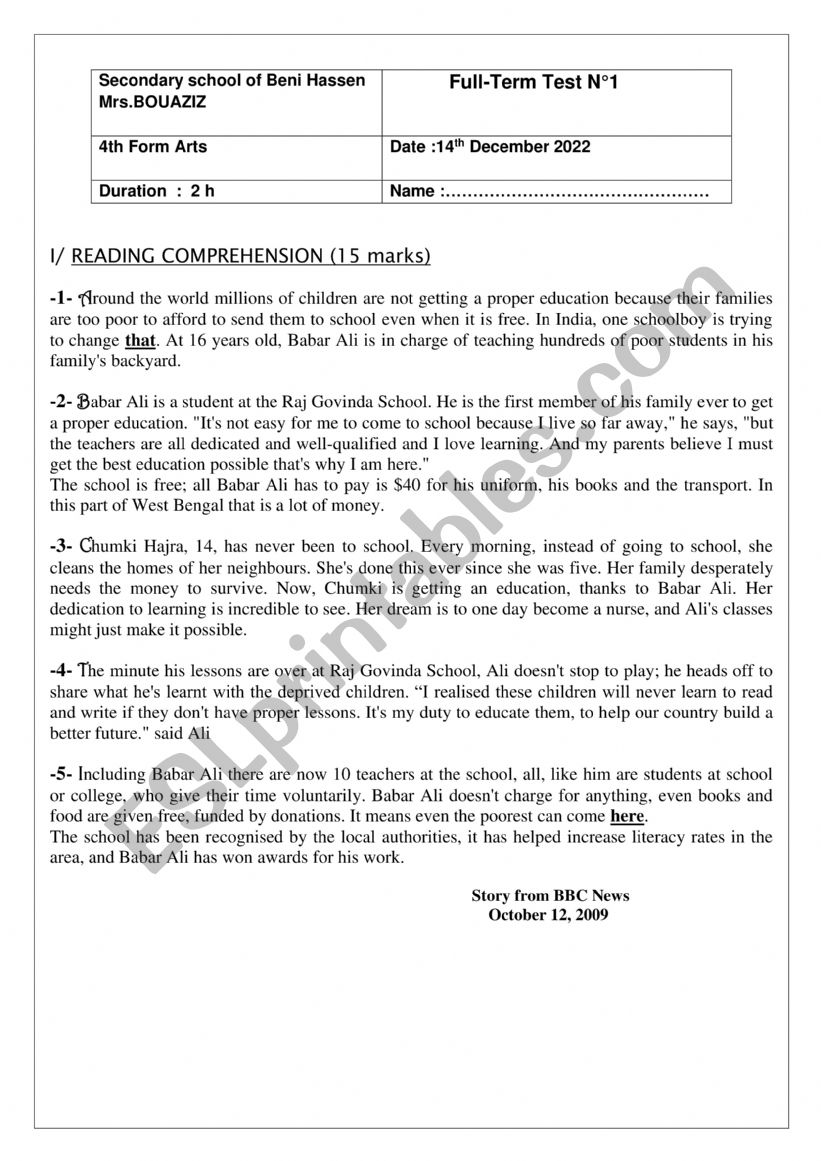 Full term test n° 1 4th form worksheet