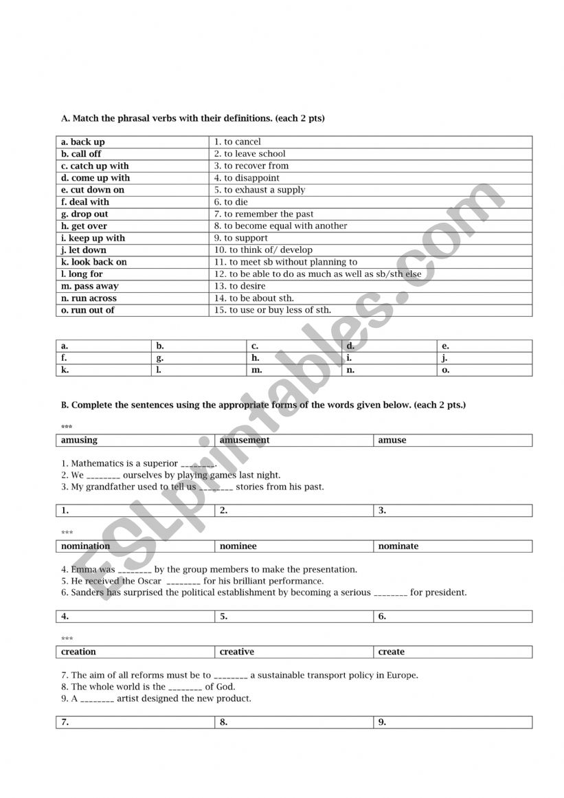 vocabulary quiz worksheet