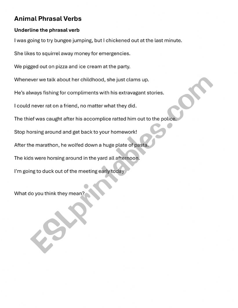 Phrasal Verbs with animals worksheet