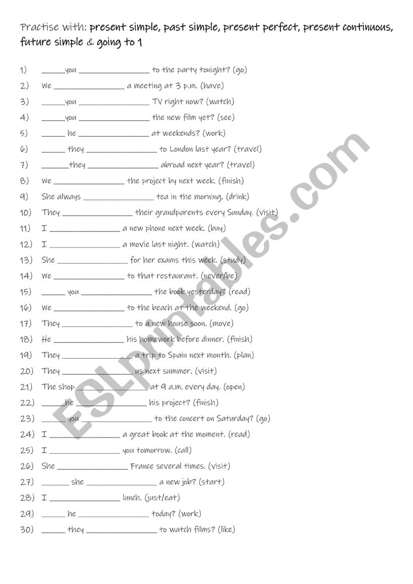 A2+-B1 Practise with present simple, past simple, present perfect, present continuous, future simple & going to   1