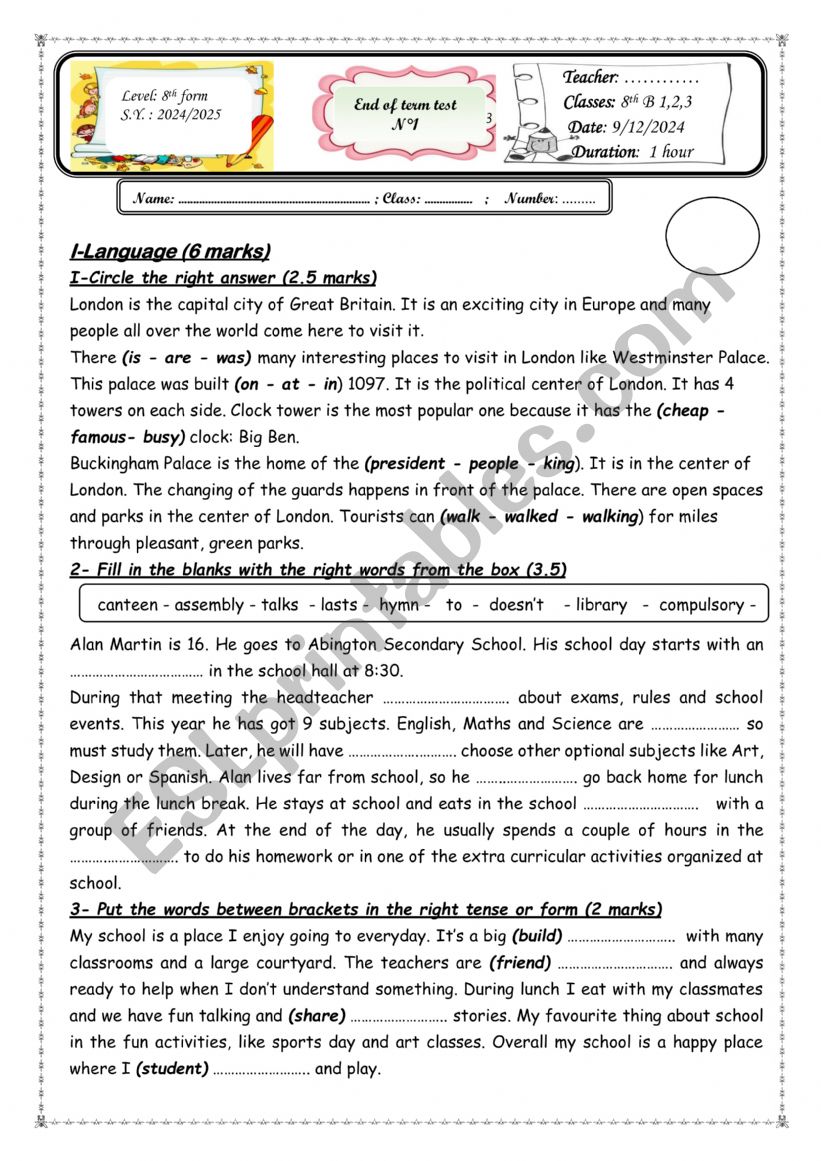 End of term test n1 8th form worksheet