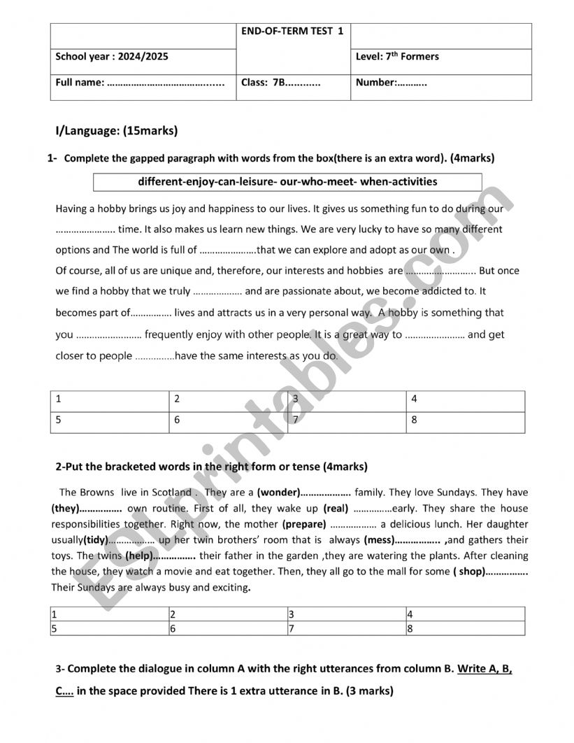 End of term test 1 7th form worksheet