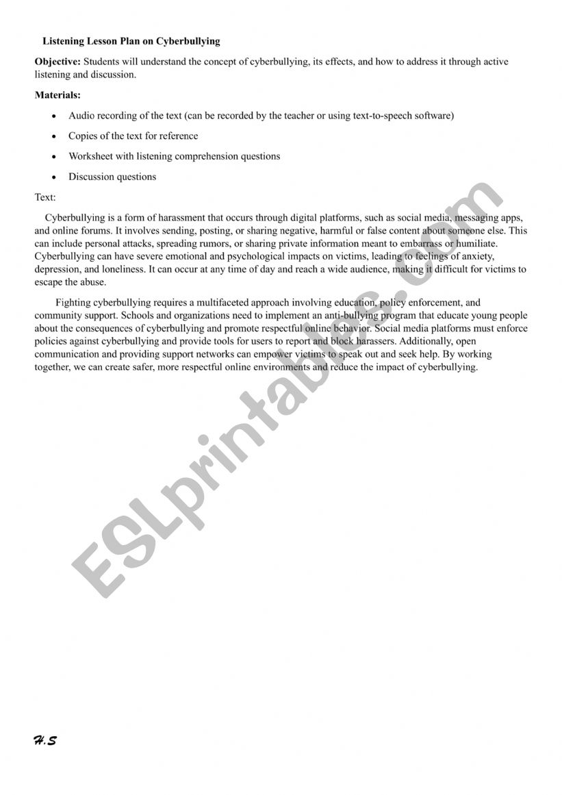 Listening Lesson Plan on Cyberbullying