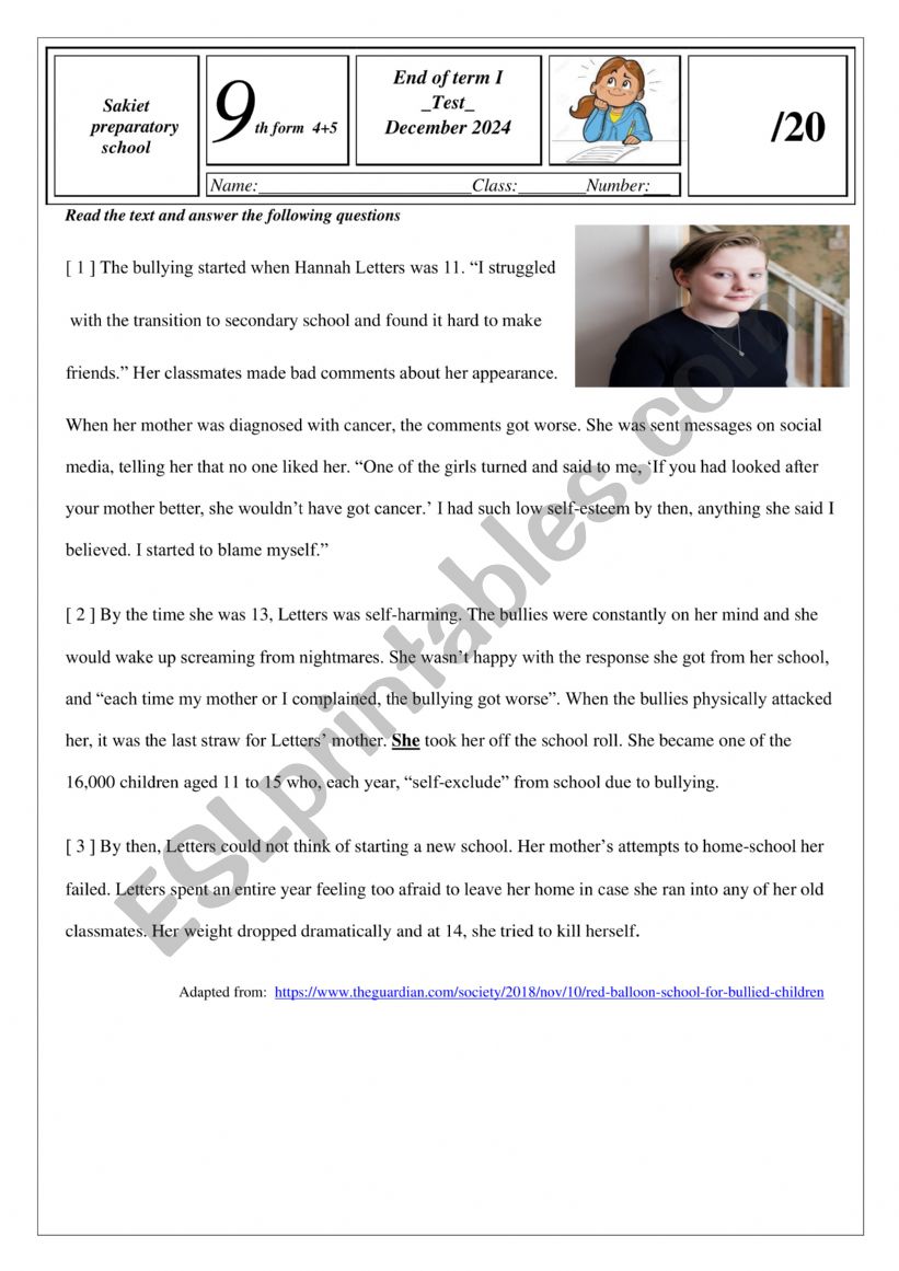 End of term I test 9th form worksheet