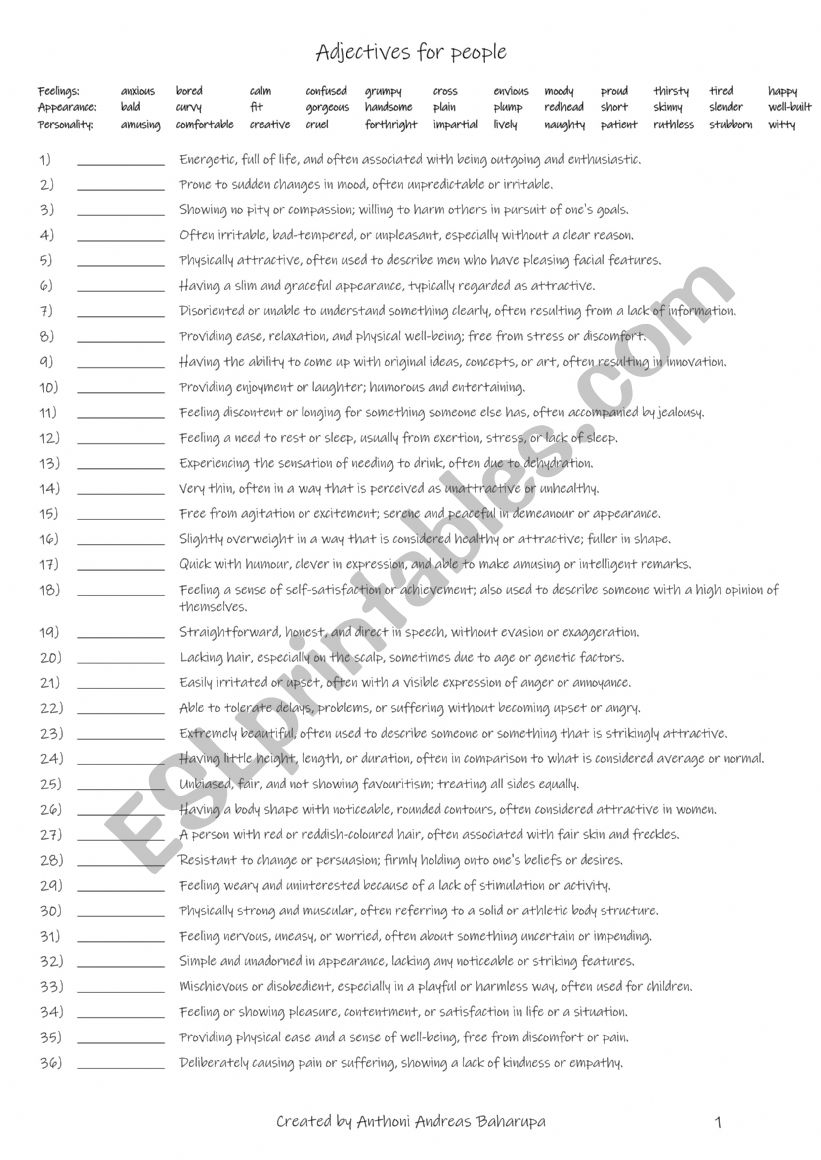 B1-B2 8 adjectives for each - feelings - appearance and personality worksheet