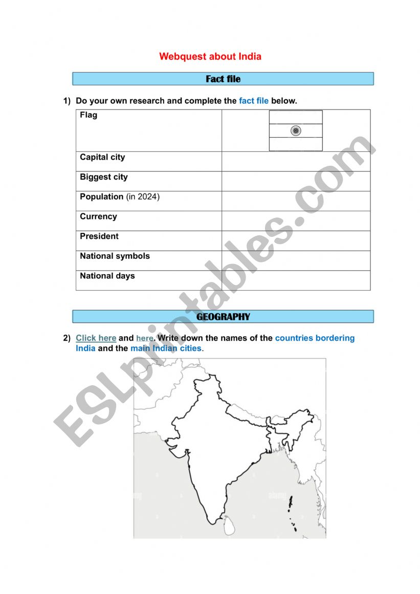 Webquest about India worksheet