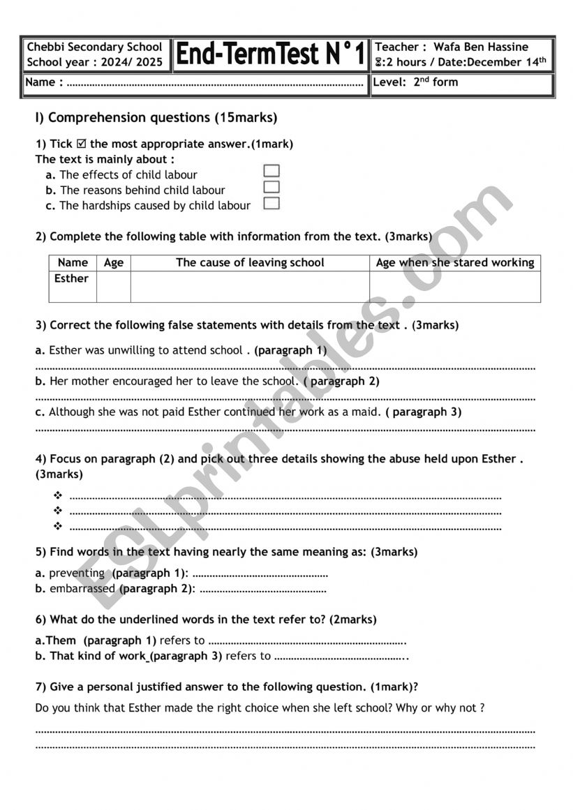 End term 1 (2nd form) worksheet