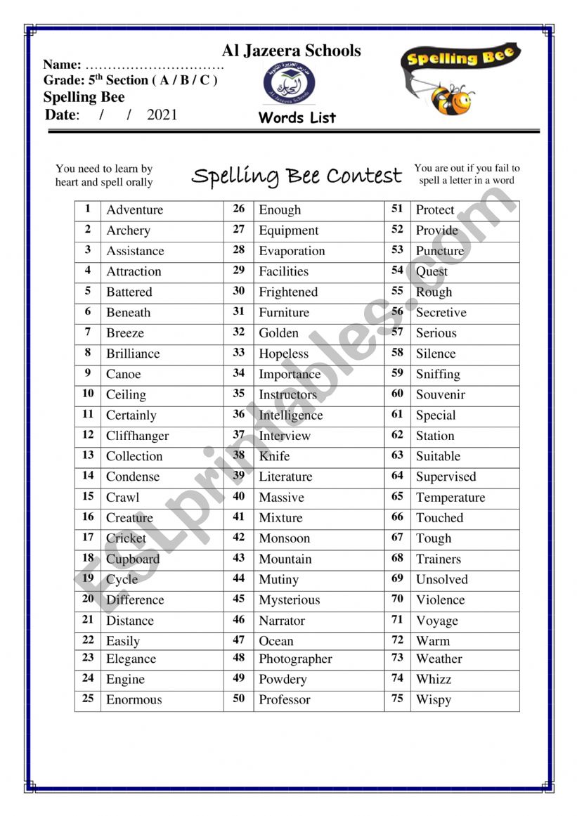 Spelling Bee worksheet