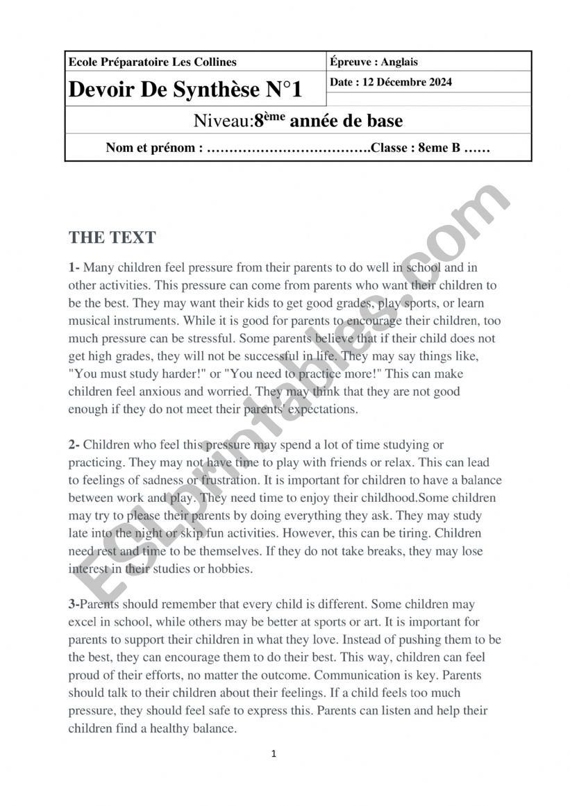 full comprehensive test 1 8th form