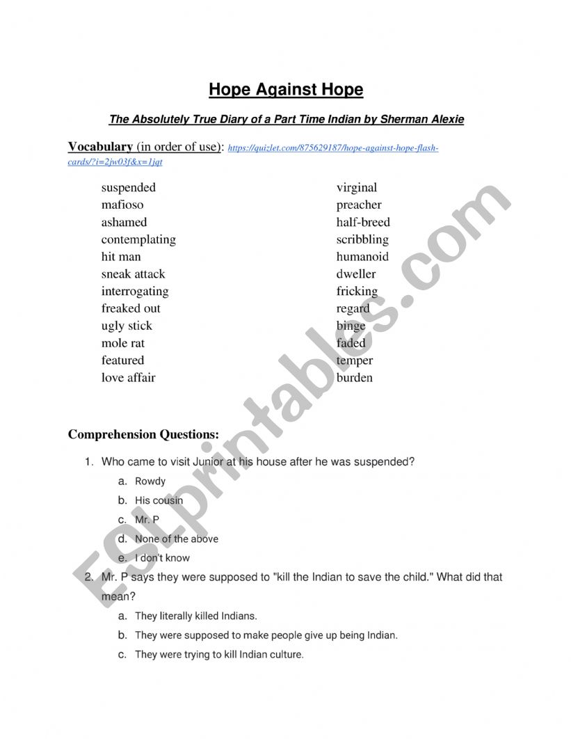 Hope Against Hope, The Absolutely True Diary of a Part Time Indian, Study Guide