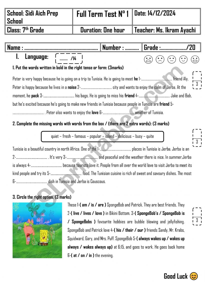 7th Grade - Full Term Test 1 worksheet