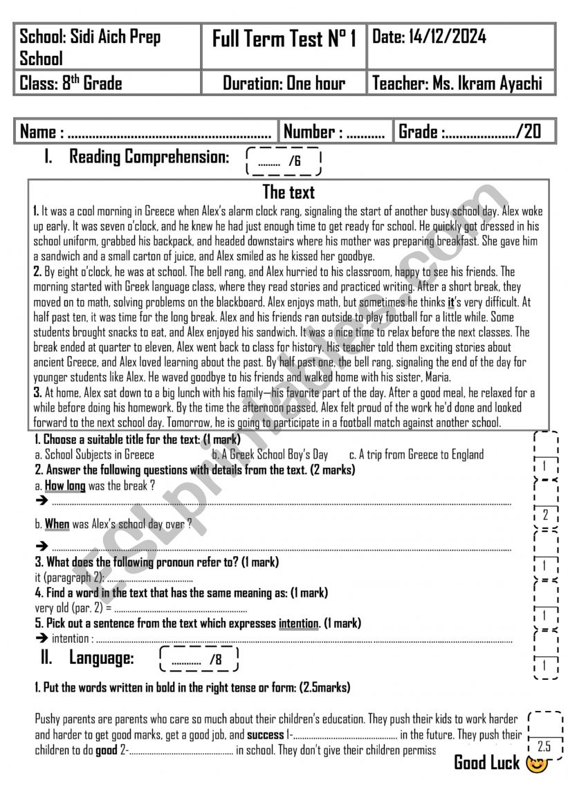 8th Grade - Full Term Test 1 worksheet