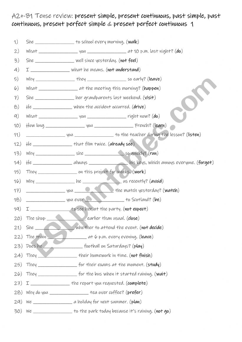 A2+-B1 Tense review: present simple, present continuous, past simple, past continuous, present perfect simple & present perfect continuous  1