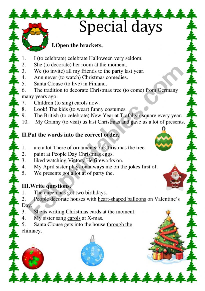 Special days worksheet