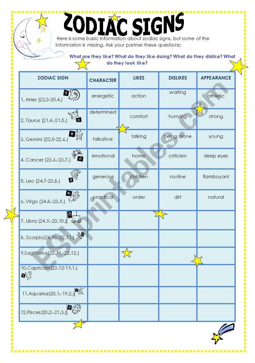 Zodiac signs worksheet