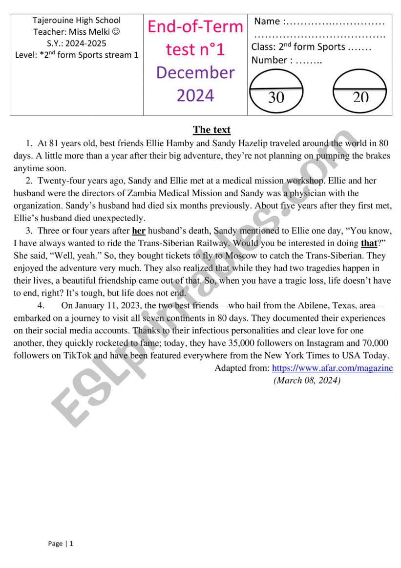 2nd form end term exam worksheet