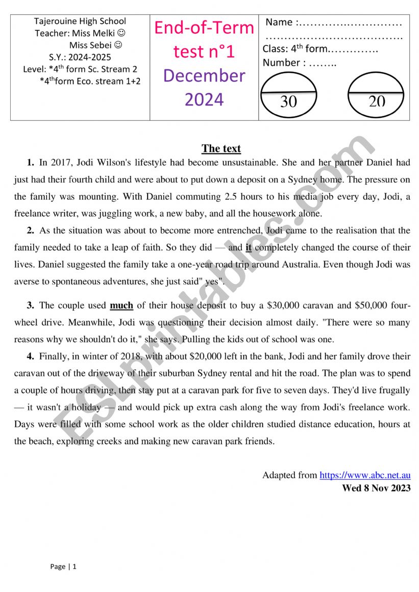4th form end term exam worksheet
