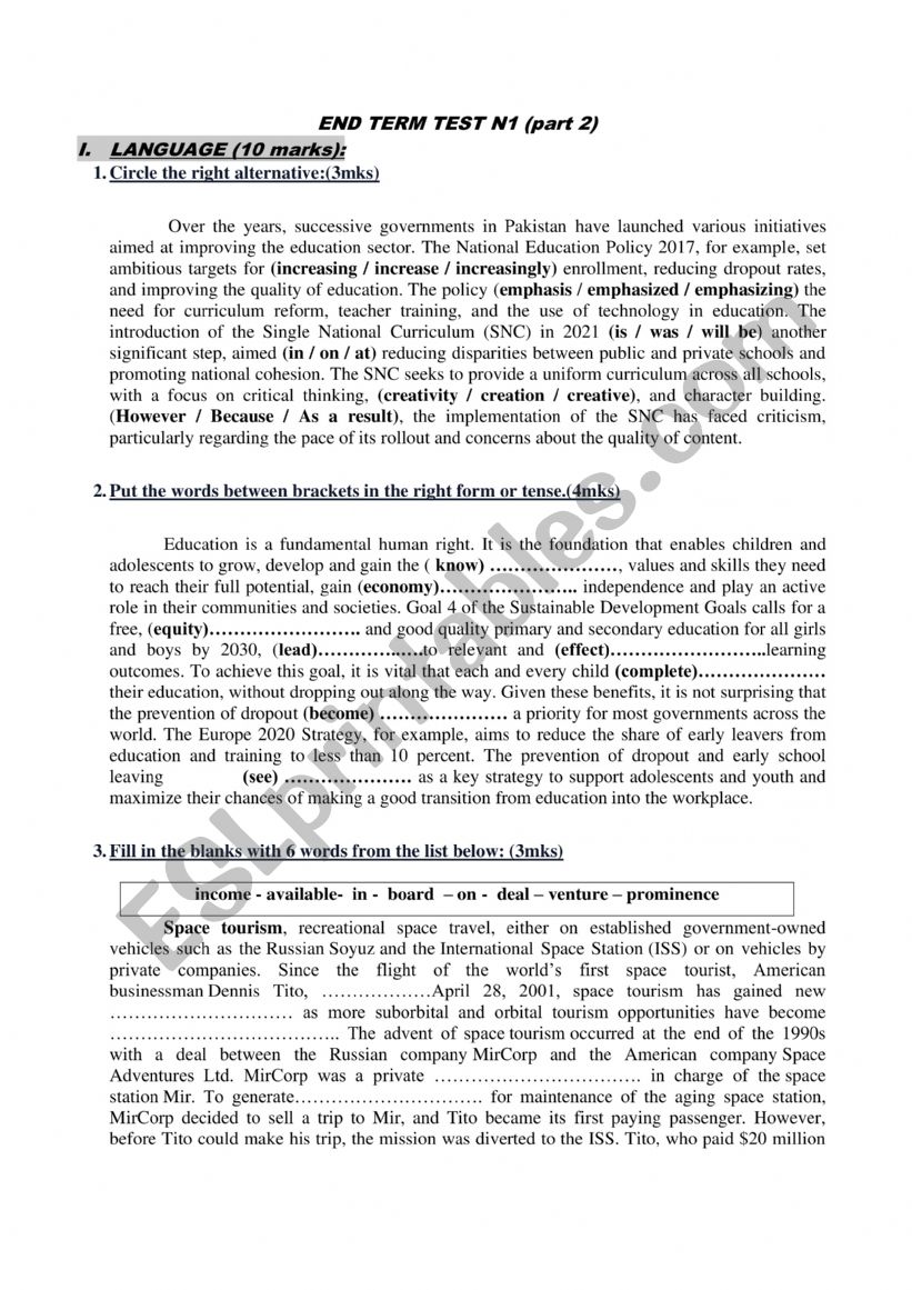 4th form full term test n1(part 2)