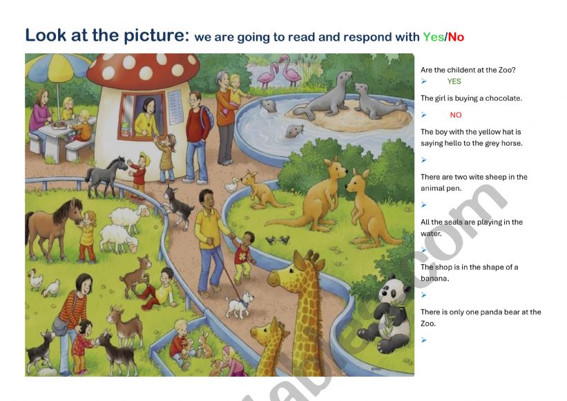 At the zoo: look at the picture - read and answer with yes or no