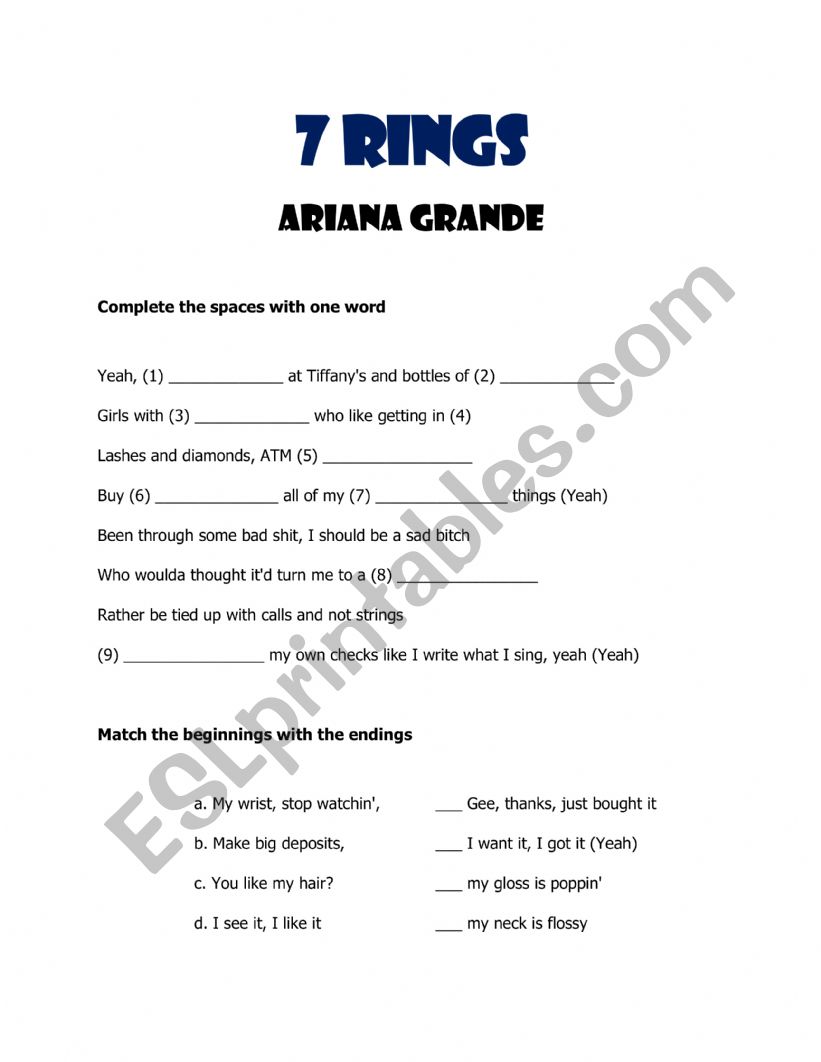 7 Rings - Ariana Grande worksheet