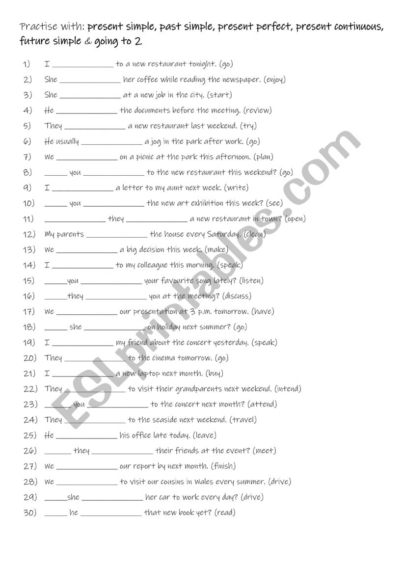 A2+-B1 Practise with present simple, past simple, present perfect, present continuous, future simple & going to 2 