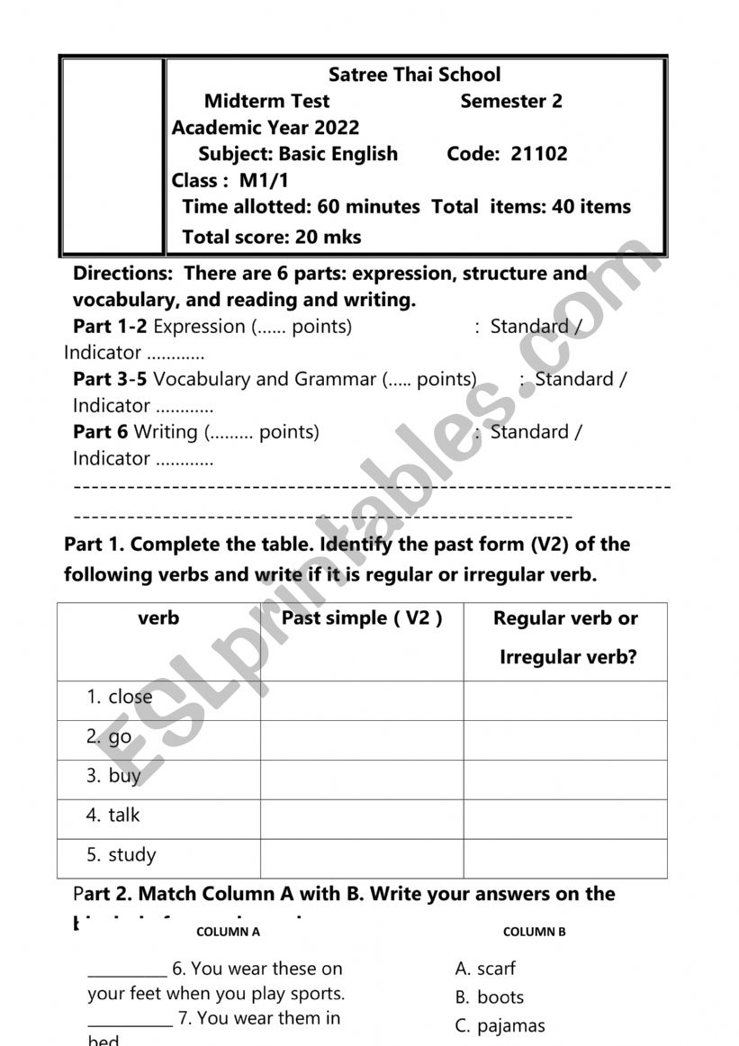 Midterm Test for Grade 7 worksheet