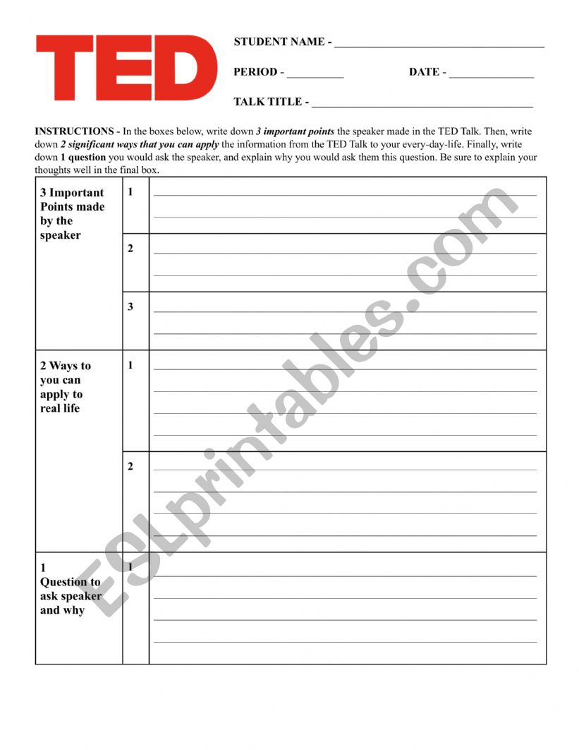 Any TedTalk Worksheet worksheet