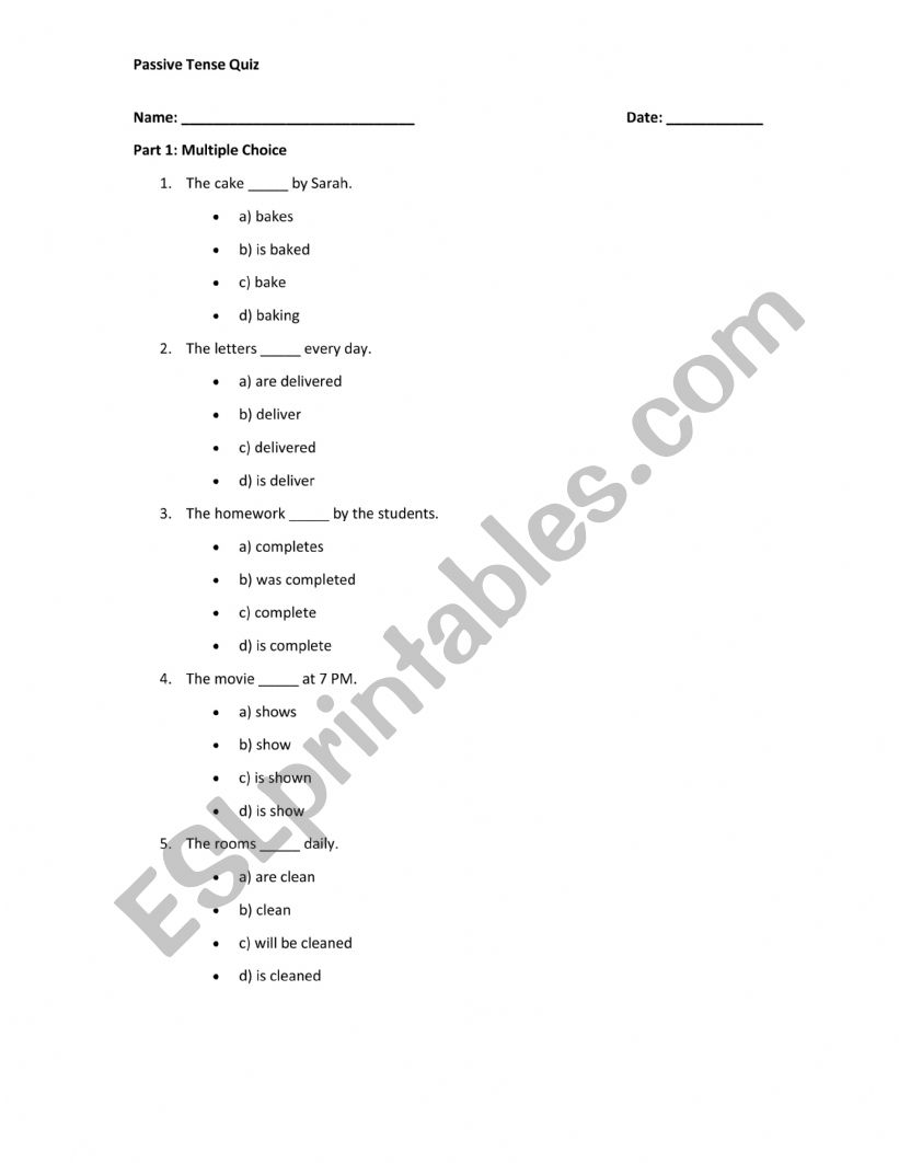 Passive Tense Quiz worksheet