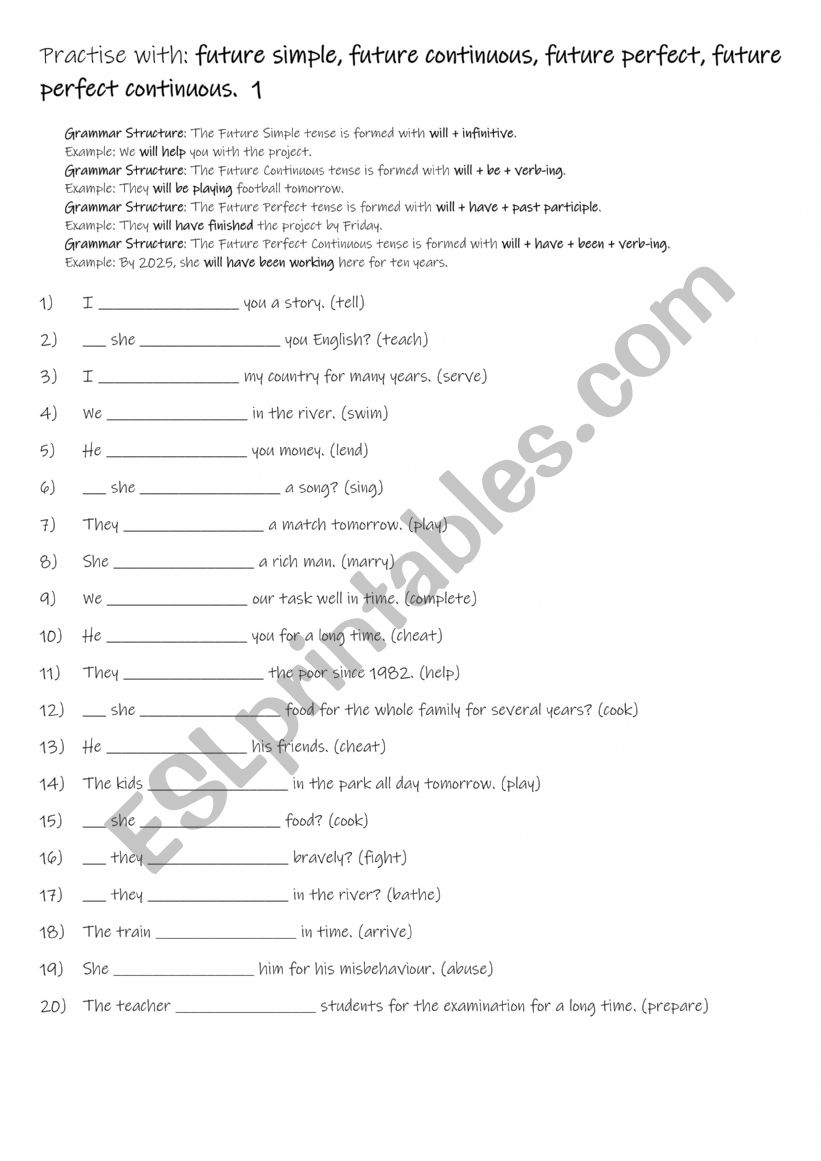 A2-B1 Practise with future simple, future continuous, future perfect, future perfect continuous.  1