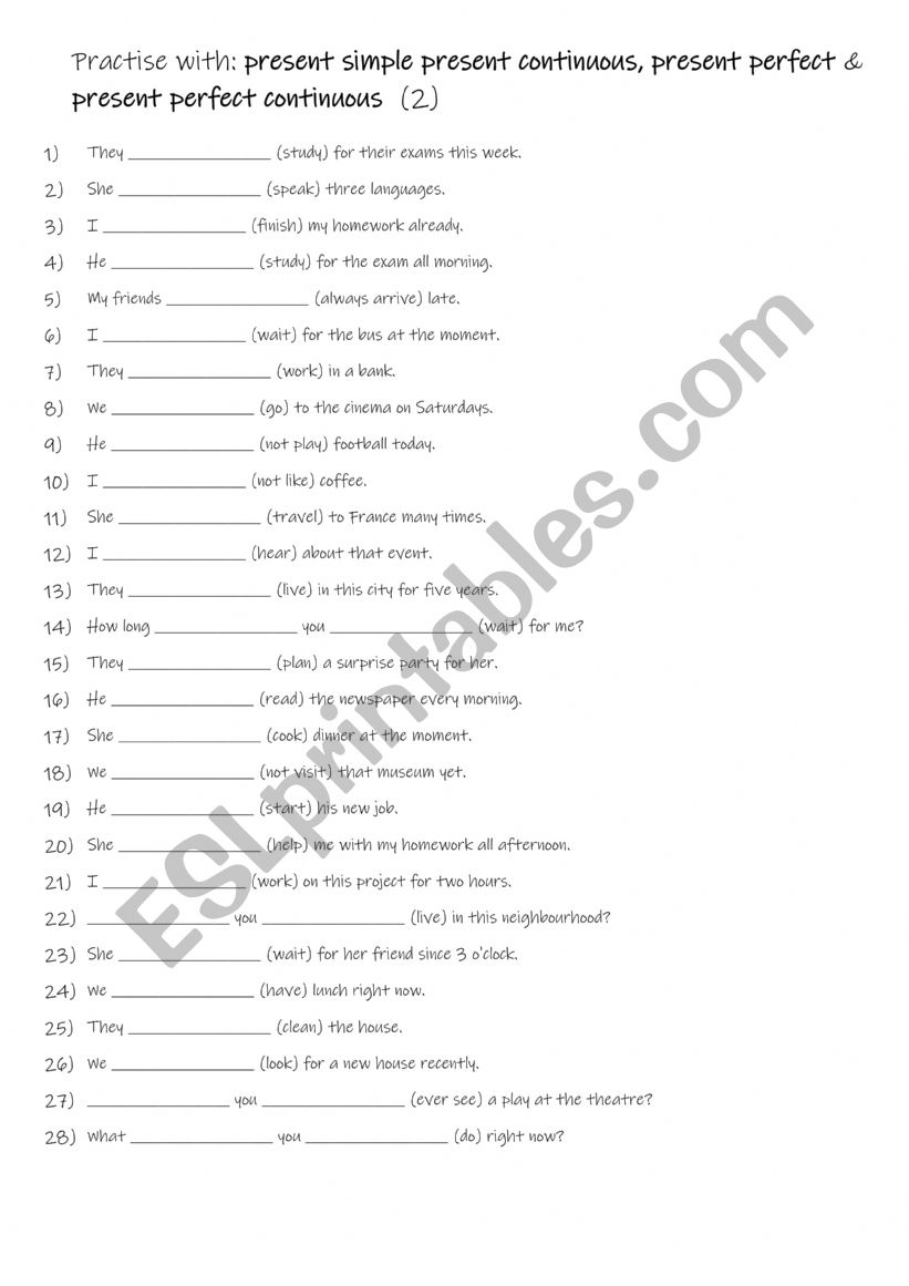 A2+-B1 Practise with present simple, present continuous, present perfect & present perfect continuous  2