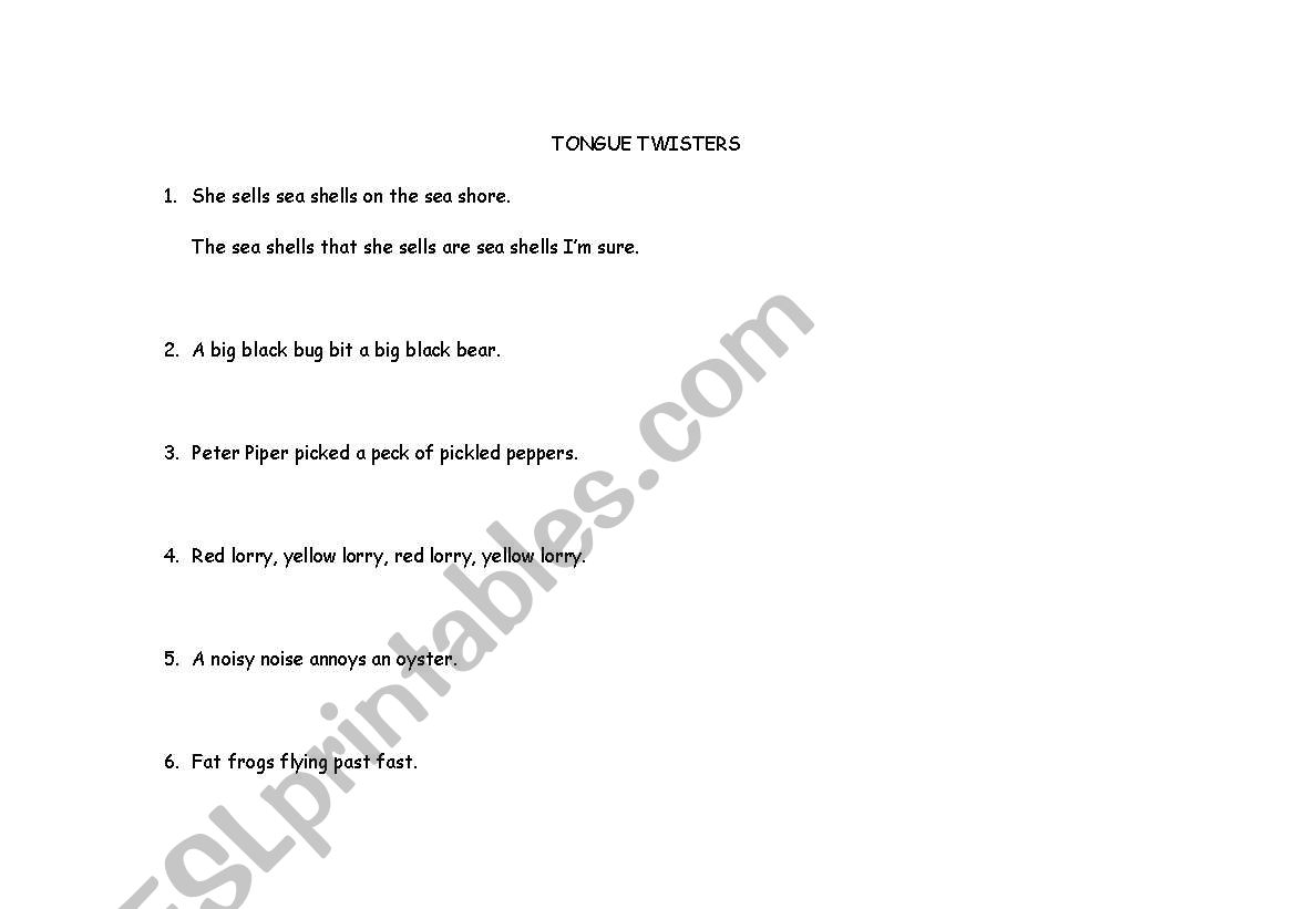 Tongue twisters flashcards worksheet